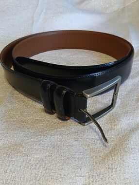 Joseph Abboud Black Leather Belt with Silver Buckle and Brown Interior